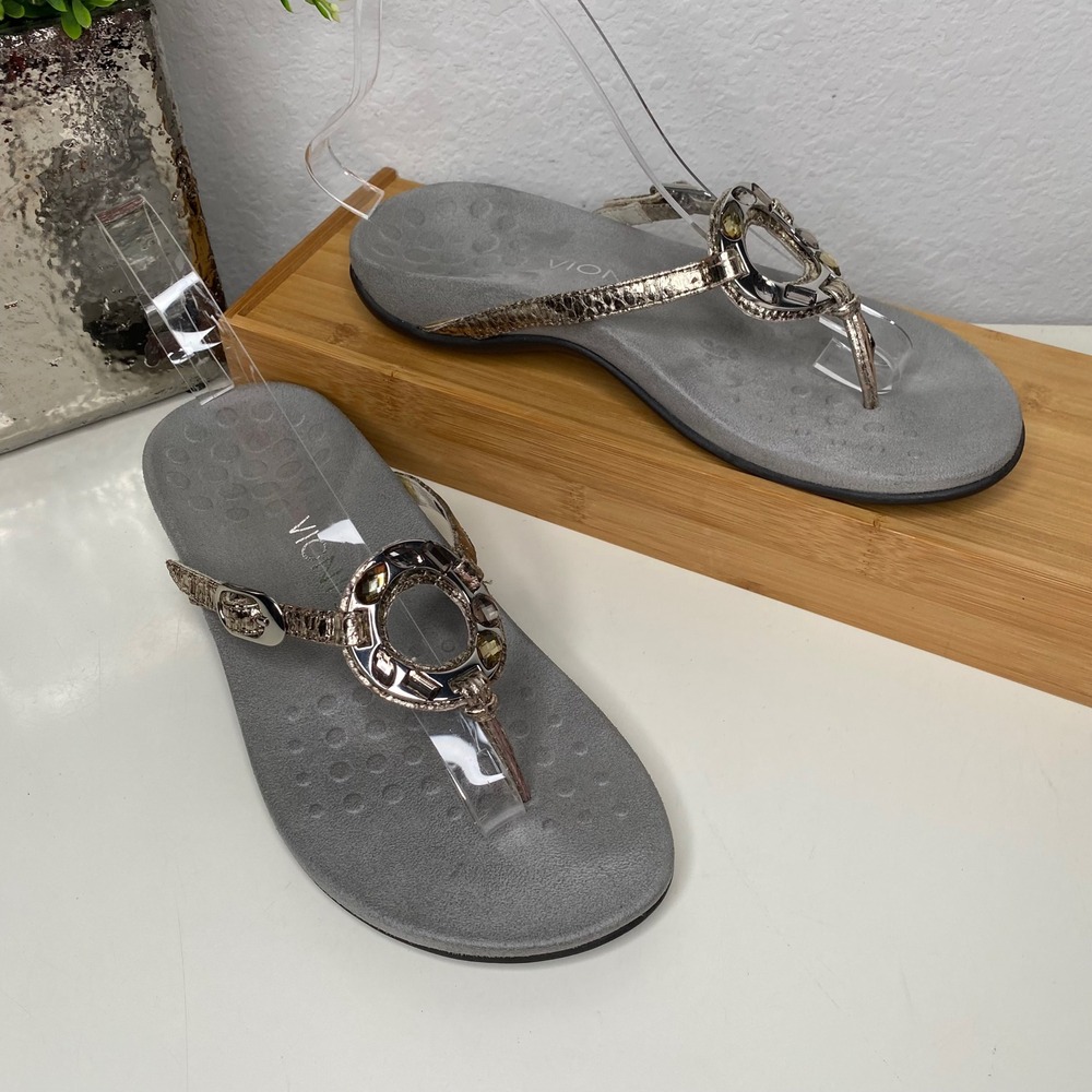 Vionic Ricci Sandal Womens Pewter Metallic‎ Snakeskin Jeweled Summer Size 87
